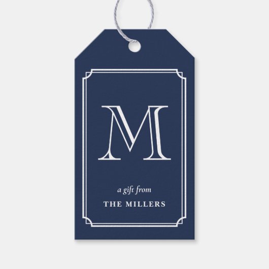Étiquettes Cadeaux Navy Blue & blanc Monogramme Pr (Devant)