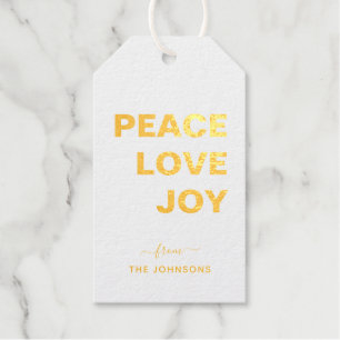 Étiquettes Cadeaux 'Peace Love Joy' Feuille d'or de vacances Balises 