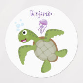 Étiquettes Caricature joyeuse de tortue de mer verte mignonne (Design 2)