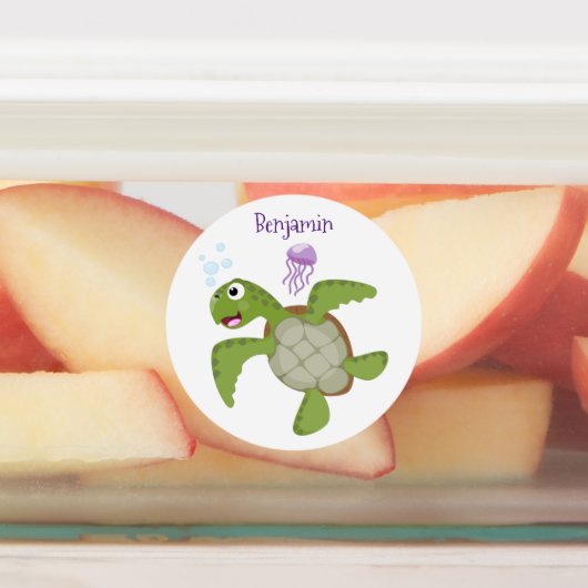 Étiquettes Caricature joyeuse de tortue de mer verte mignonne (Apposé)