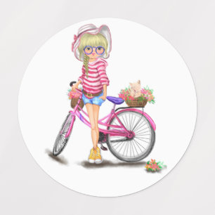 Étiquettes Cute Blonde Girl and Pink Bike with Cat à Flowers