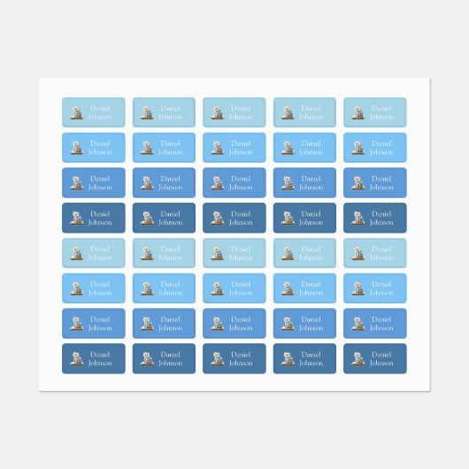 Étiquettes Cute Kitten with Backpack Blue Clothes (Feuille)