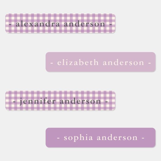 Étiquettes Cute Soft Purple Gingham Kids Waterproof Name (Groupe)