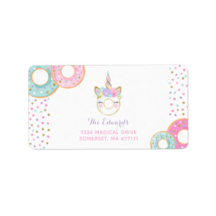 Étiquettes de adresse beignet et licorne de parti