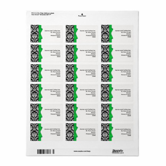 Étiquettes de adresse Damas avec Bow vert (Feuille entière)