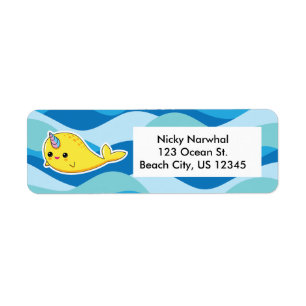 Étiquettes de adresse jaunes de Kawaii Narwhal