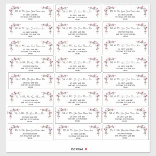 Étiquettes de adresse Mariages floraux roses (Feuille)
