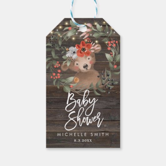 étiquettes de baby shower de l'ours de bois rustiq (Devant)
