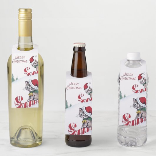 Étiquettes de bouteille de chats de Noël rétro vin (En situation)