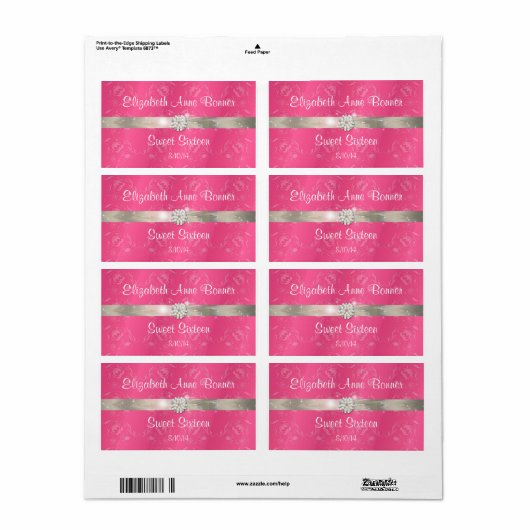 Étiquettes de bouteille d'eau Rose pour Sweet Sixt (Feuille entière)