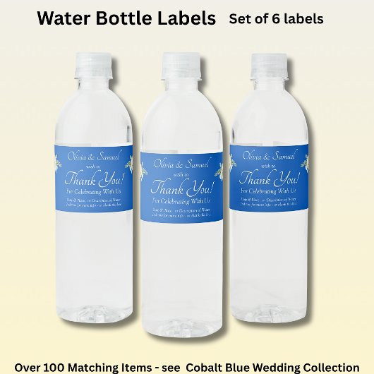 Étiquettes de bouteilles d'eau, bleu cobalt
