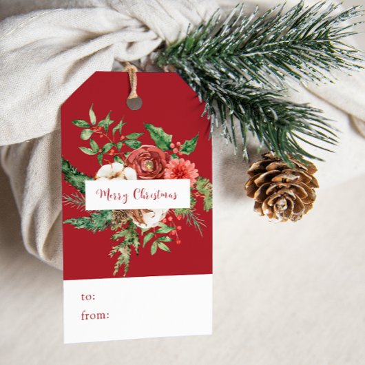 Étiquettes de cadeau de Noël botaniques rouges