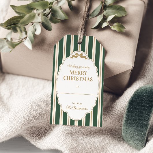 Étiquettes de cadeau de Noël rayées vertes