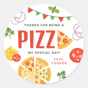 Étiquettes de cadeaux de fête pizza rondes