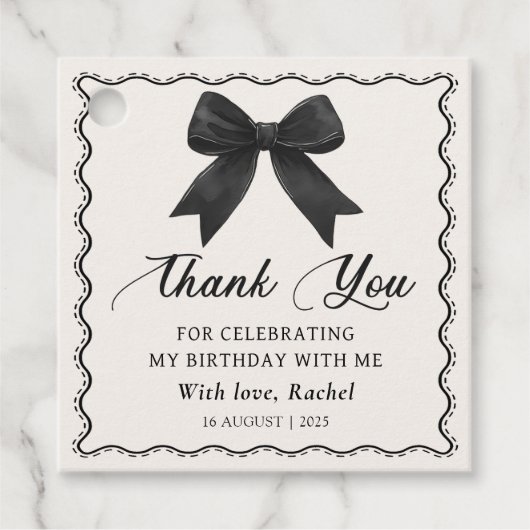 Étiquettes de faveur d'anniversaire à nœud noir él (Devant)