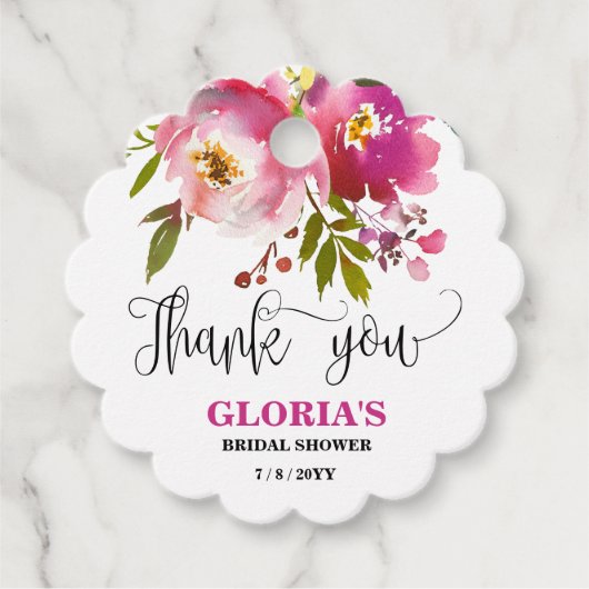 Étiquettes de faveur de mariage floral pourpre (Devant)