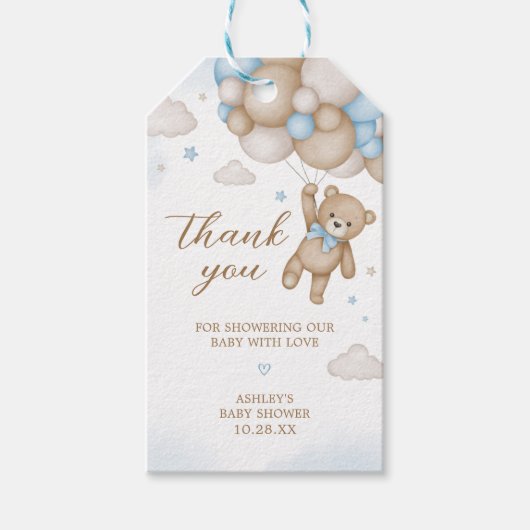 Étiquettes de Faveurs de Bébé Ballons Ours Bleu (Devant)