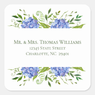 Étiquettes de mariage aux hortensias bleus