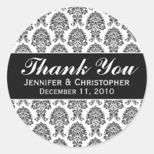 Étiquettes de mariage rond blanc et noir Damas