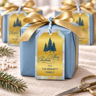 Étiquettes de Noël personnalisées bleu pin et carr