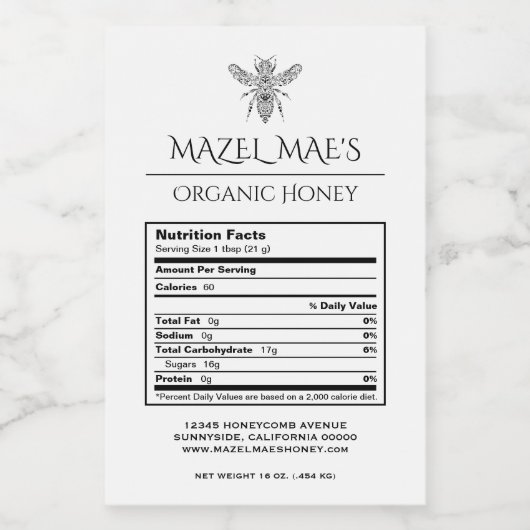 Étiquettes de nutrition du miel fait maison (Étiquettes simples)