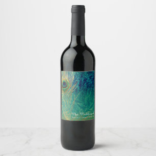 Étiquettes de vin exotiques bleu sarcelle or plume