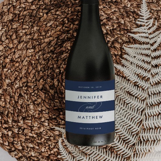 Étiquettes de vin Mariage chic Navy et White Strip