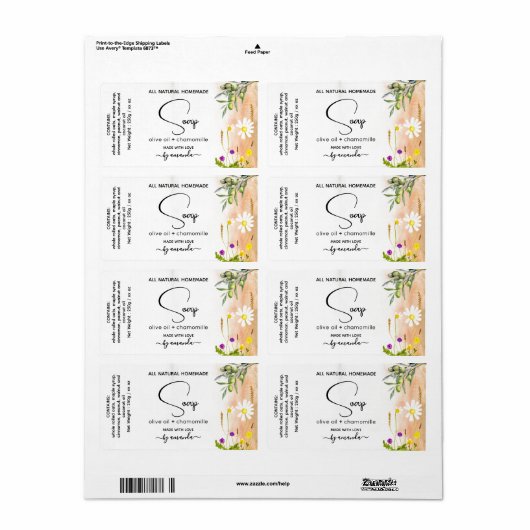 Étiquettes d'huile d'olive et de savon de chamomil (Feuille entière)