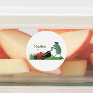 Étiquettes Drôle grenouille verte tondre la pelouse dessin