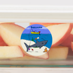 Étiquettes Drôle requin couché et dessin animé de pêche