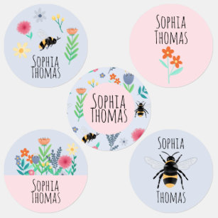 Étiquettes Enfant Fleurs d'été mignonnes et abeilles Nom de l'école