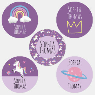 Étiquettes Enfant Girl Cute Purple Magic Unicorn & Name School