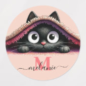 Étiquettes Fille Monogramme au Nom de Script Chat  (Design 2)