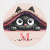 Étiquettes Fille Monogramme au Nom de Script Chat  (Design 1)