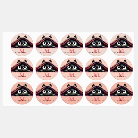 Étiquettes Fille Monogramme au Nom de Script Chat  (Feuille)