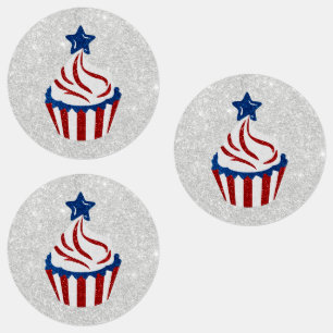 Étiquettes Gâteau Cupcake Rouge, Blanc & Bleu avec Paillettes