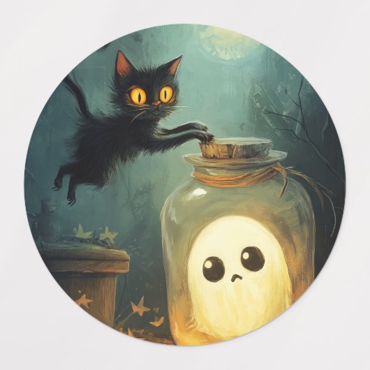 Étiquettes Halloween Chat noir et fantôme (Design 1)