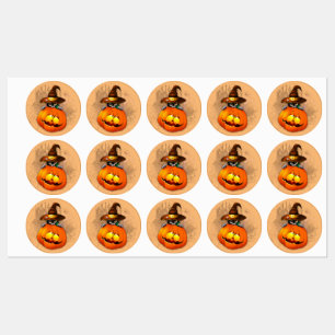 Étiquettes Halloween Cute Kitty Witch et ami Citrouille