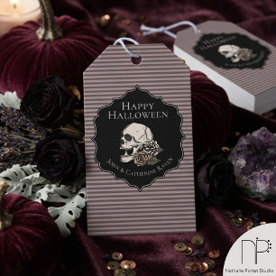 Étiquettes Halloween Fleurs de Crânes Gris Taupe V