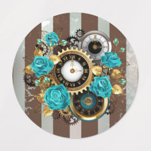 Étiquettes Horloge à vapeur et Roses turquoise sur le sol