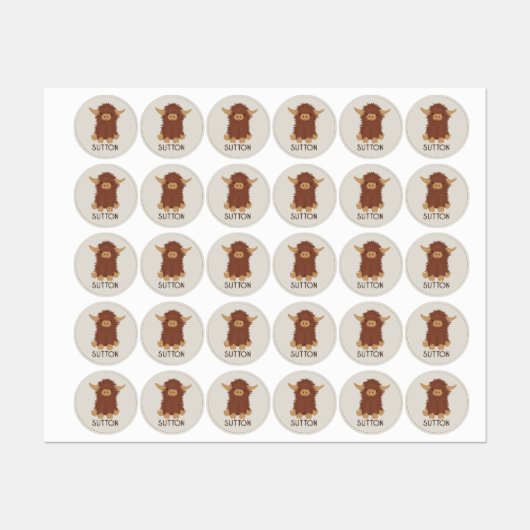 Étiquettes Joli, shaggy Highland vache conception personnalis (Feuille)