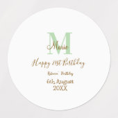 Étiquettes Joyeux 21e Anniversaire vert ajouter nom monogramm (Design 2)