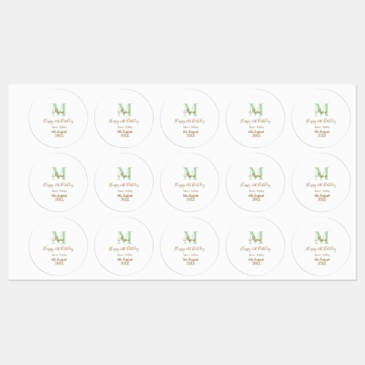Étiquettes Joyeux 21e Anniversaire vert ajouter nom monogramm (Feuille)