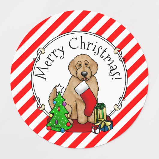 Étiquettes Joyeux Noël 2 Goldendoodle (rouge doré) mignonne (Design 2)