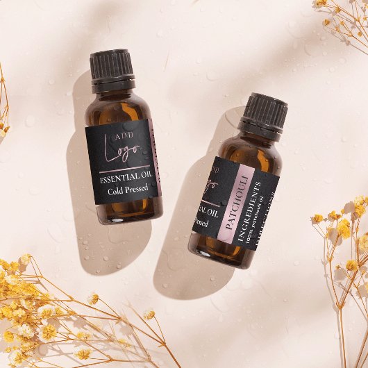 Étiquettes Logo Black & Rose Gold Essential Oil étanche