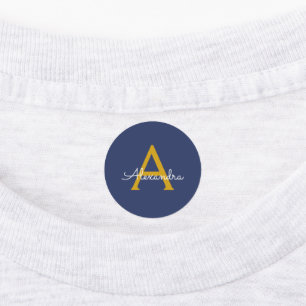 Étiquettes Marine Blue Gold Modern Script Girl Monogramme Nom