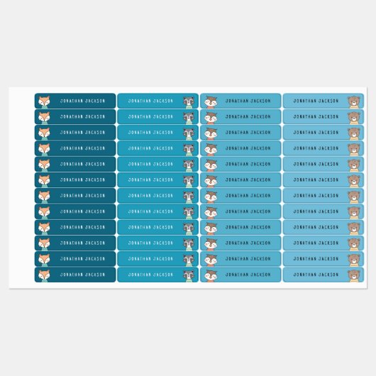 Étiquettes Mignons animaux de bois bleu nom d'enfant (Feuille)
