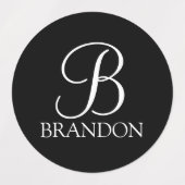 Étiquettes Monogramme et nom de script personnalisé noir (Design 1)