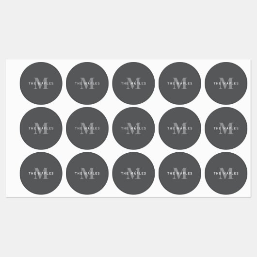 Étiquettes Monogramme et nom gris foncé moderne (Feuille)