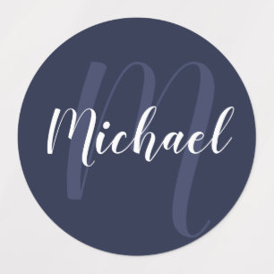 Étiquettes Monogramme et nom personnalisés de Navy Blue Scri